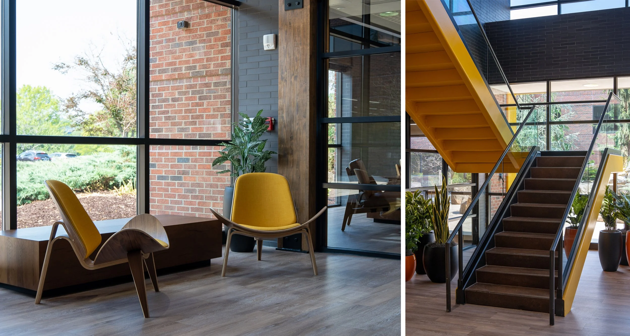 Seating area with yellow chairs, wood accents, and floor-to-ceiling windows.