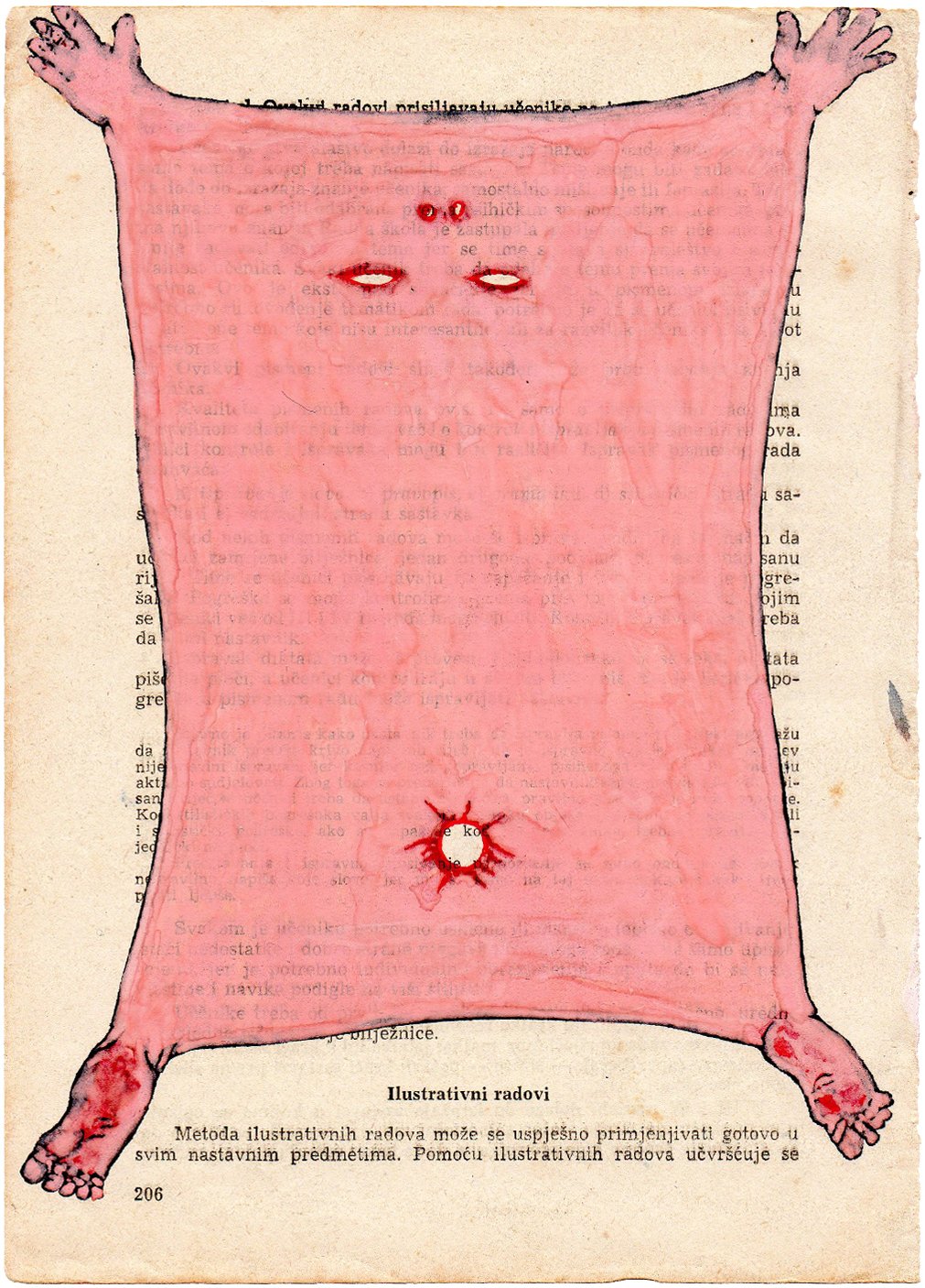 Illustration of a pink, fleshy rectangle with arms, hands, and feet on a textured background with faint text. It features strange facial features like eyes and a nose.