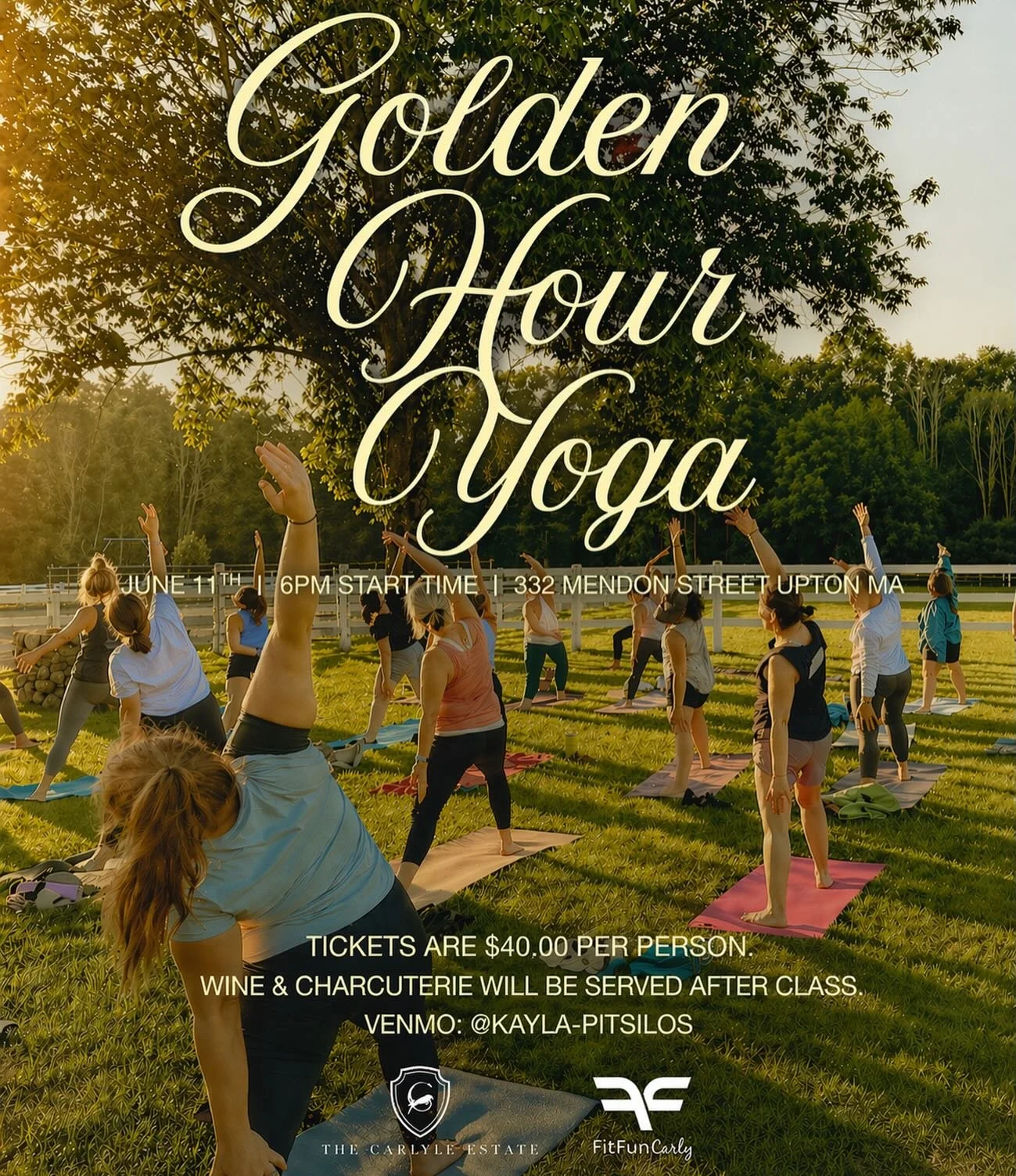 Golden Hour Yoga at The Carlyle Estate with @fitfuncarly ✨
Join us June 11th for an evening of movement, sunshine, wine &amp; charcuterie under the trees. After class, stay and shop with Black Horse Expressions, who will be popping up with yoga + equ