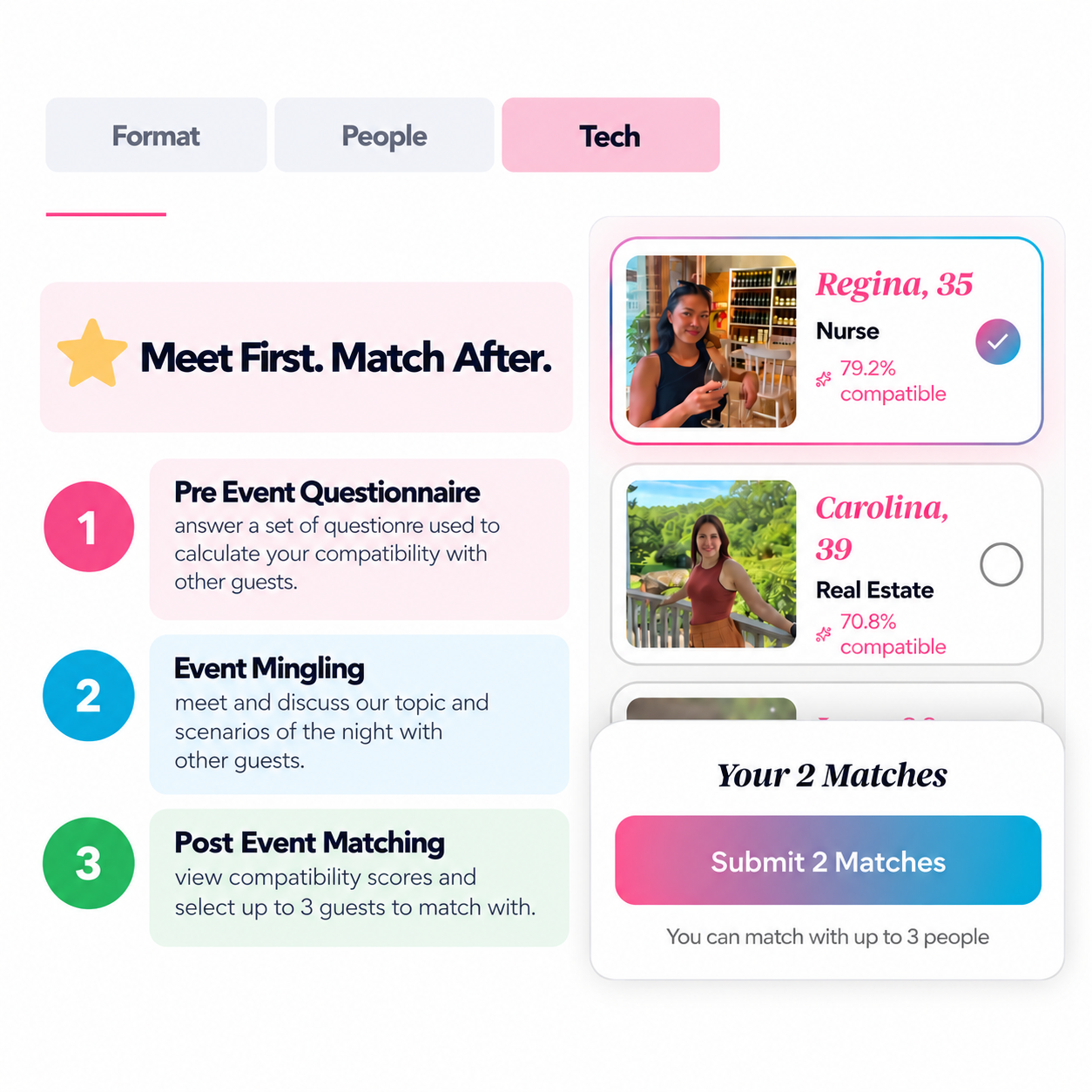 Example Symbol XO matching screen showing Regina and Carolina’s compatibility scores, with a third guest card partly covered by the selection panel