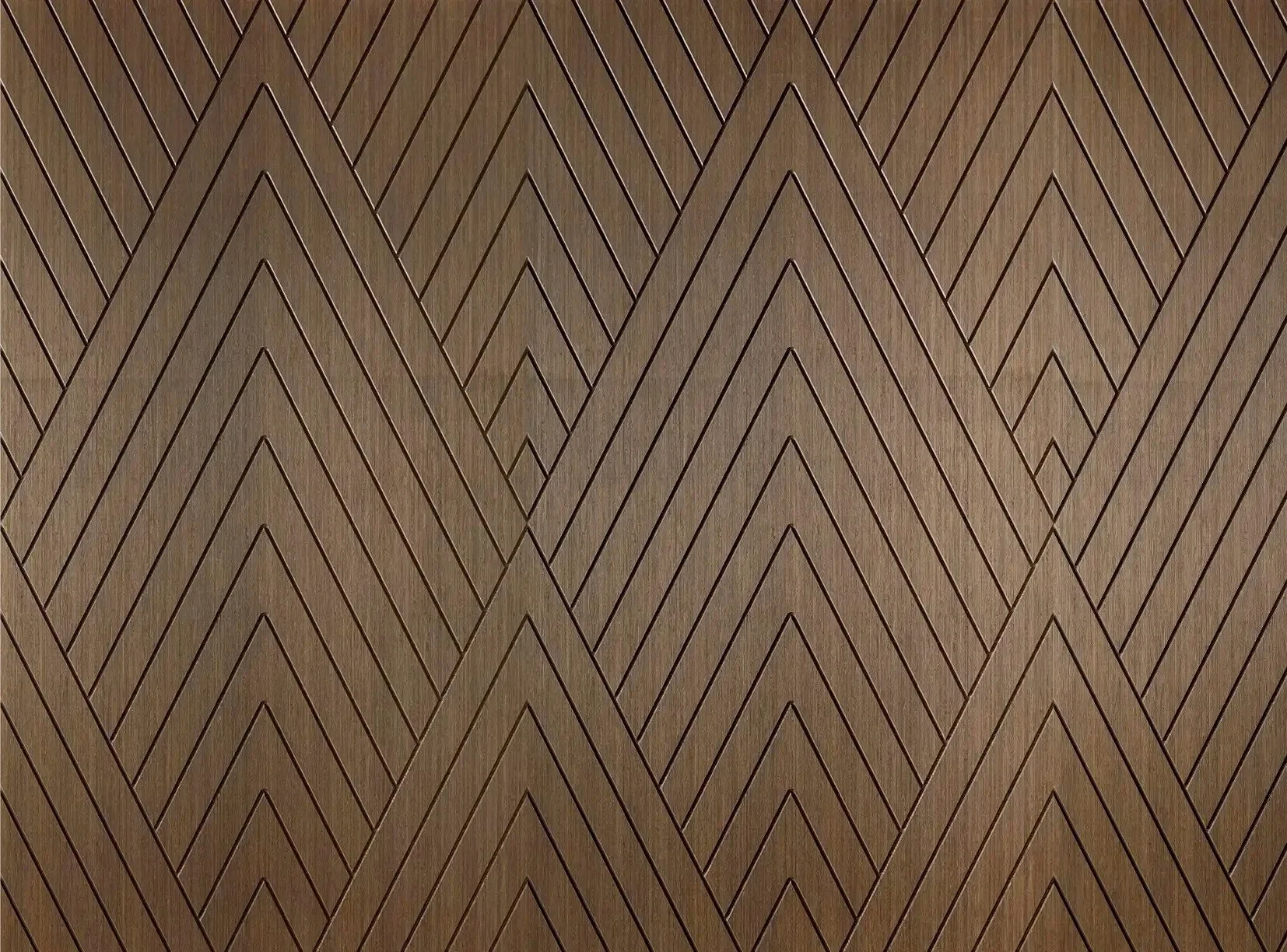 Close-up of a wooden surface with a chevron pattern created by parallel lines etched into the bamboo.