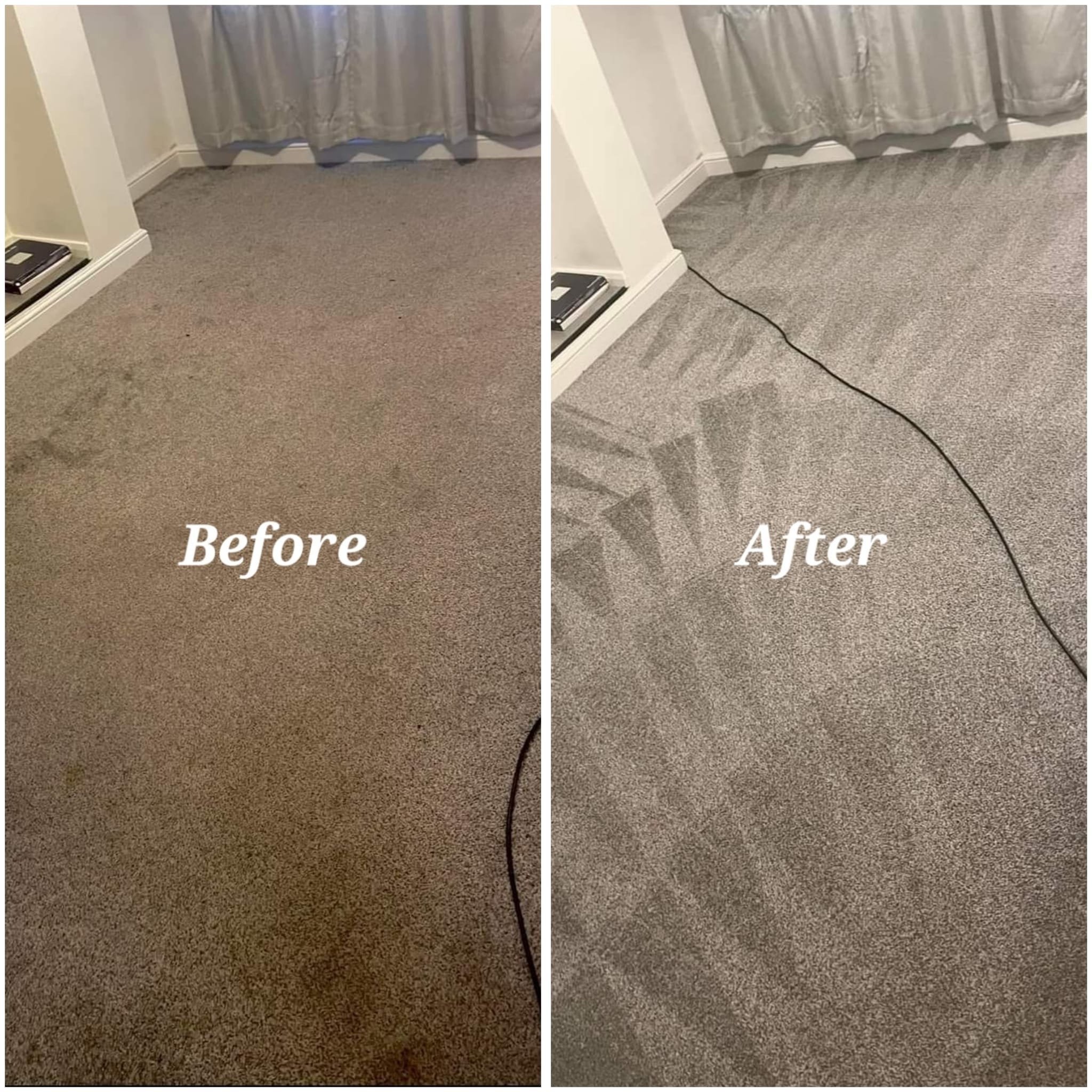 Comparison of a carpet before and after cleaning. The 'Before' side shows a dull, stained carpet, while the 'After' side depicts a cleaner, brighter carpet with visible vacuum lines.