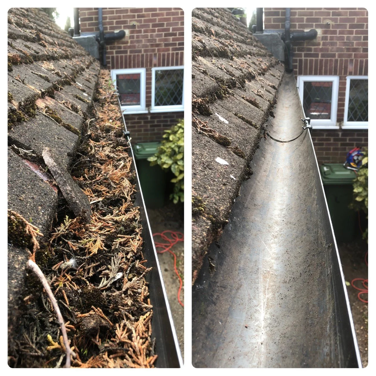 Comparison of a roof gutter filled with debris and a clean gutter after cleaning.