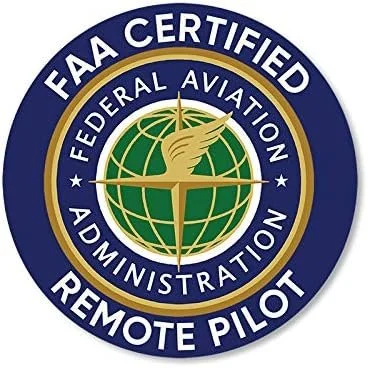 FHA Certified Federal Aviation Administration Remote Pilot badge with a green globe, gold winged emblem, and blue and gold circular border.
