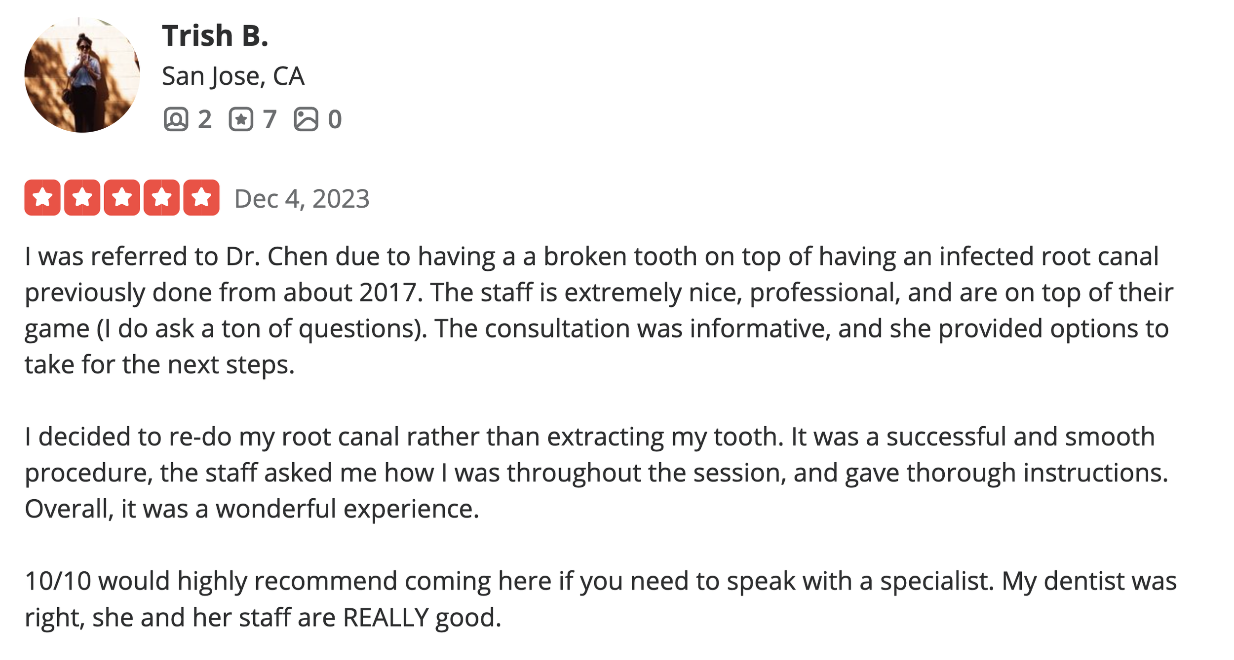 Dr. Judy Chen Root Canal Yelp Review