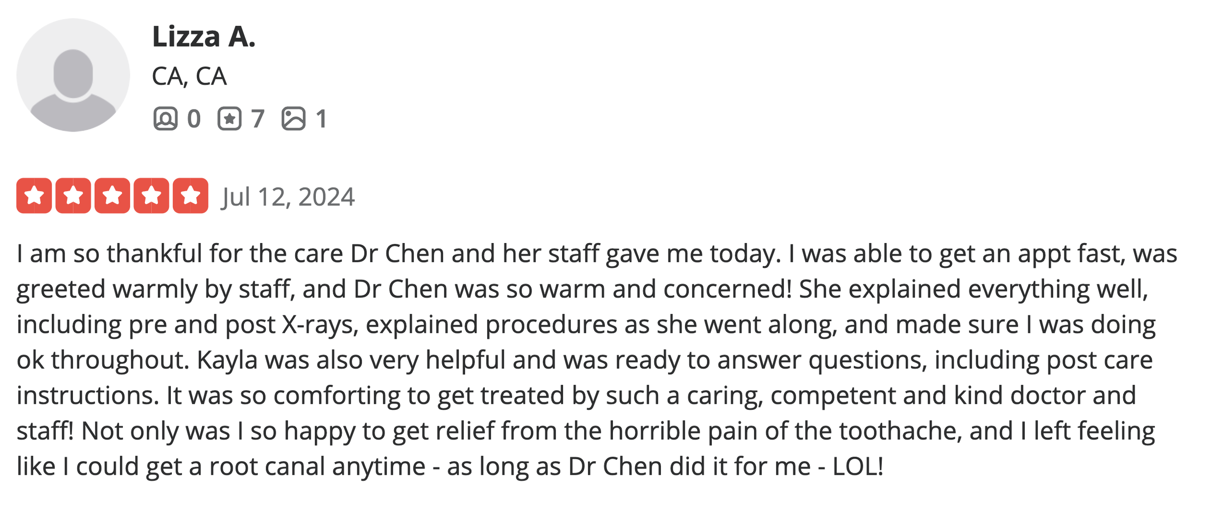 Dr. Judy Chen Root Canal Yelp Review