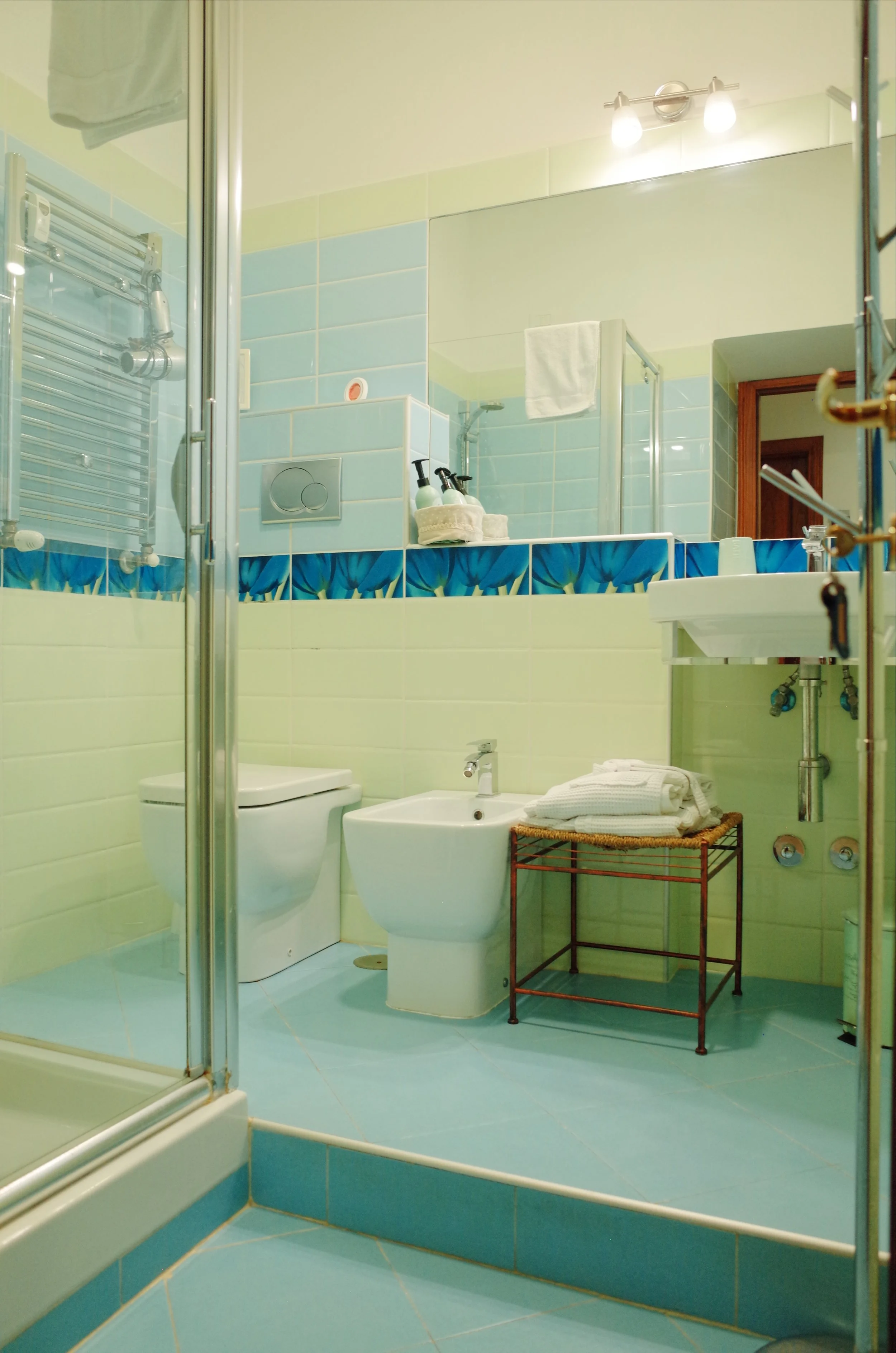 A bathroom with a walk-in shower on the left, a toilet and bidet in the center, a mirror above the sink, and blue and white tiled walls and floor.