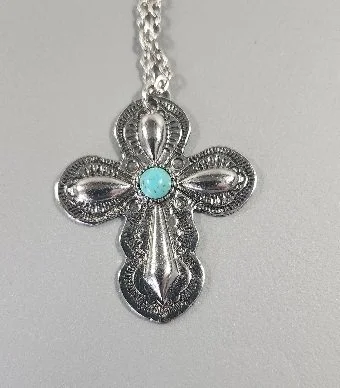 SILVER TONE CROSS WITH TURQUOISE STYLE STONE