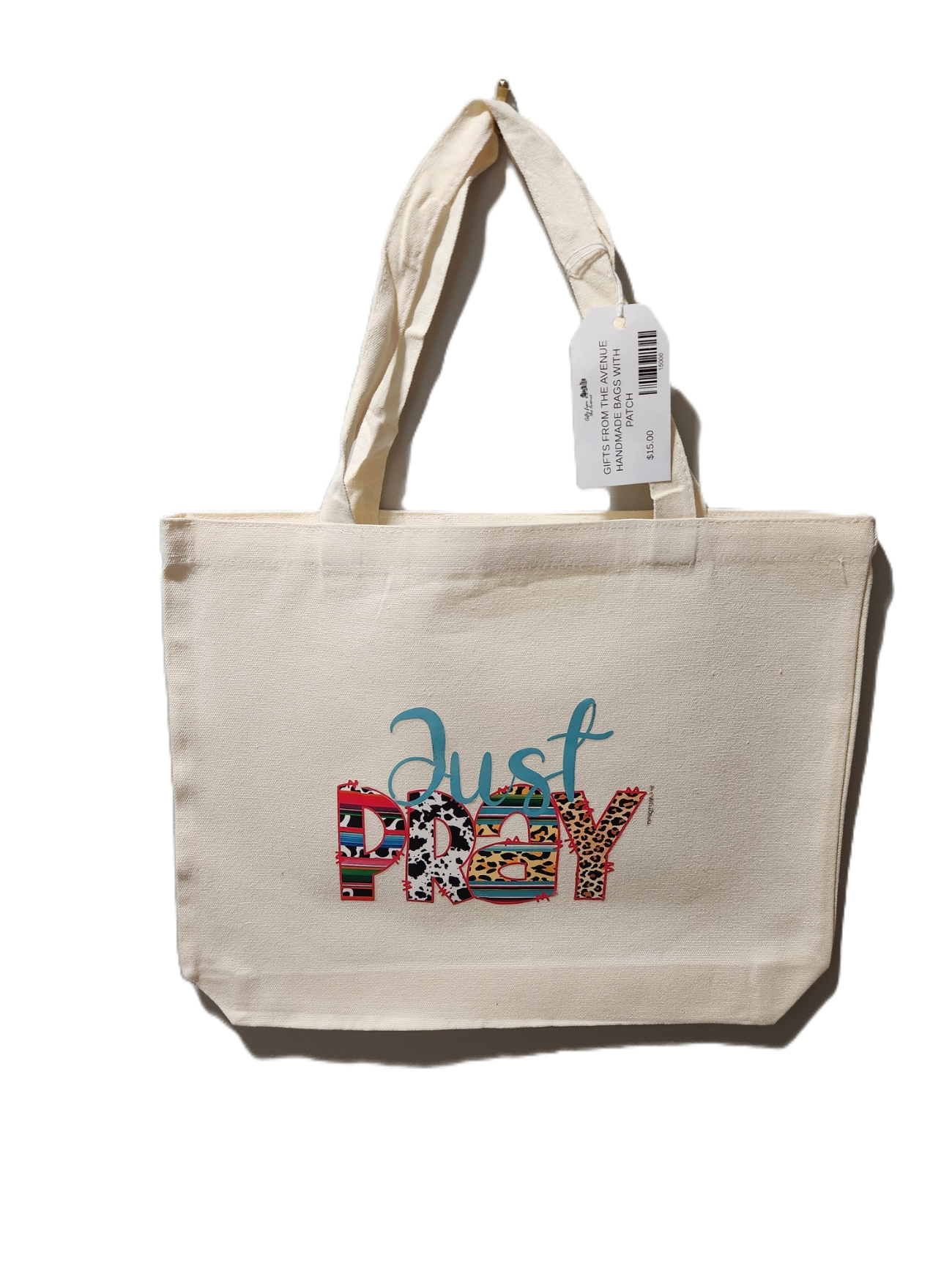 TOTE BAG WITH HANDE MADE PATCH - JUST PRAY.png