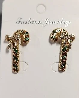 GOLD TONE RED AND GREEN STONE CANDY CANE EARRINGS