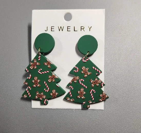 GREEN CHRISTMAS TREE GINGERBREAD DANGLE EARRINGS