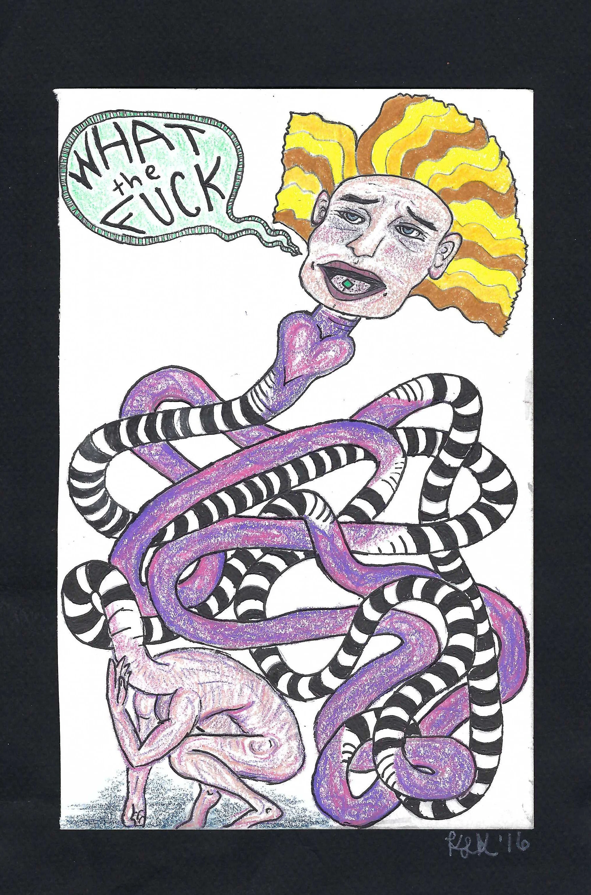 "WTF" 12in x 7in. Colored pencil and pen on paper. 2016.