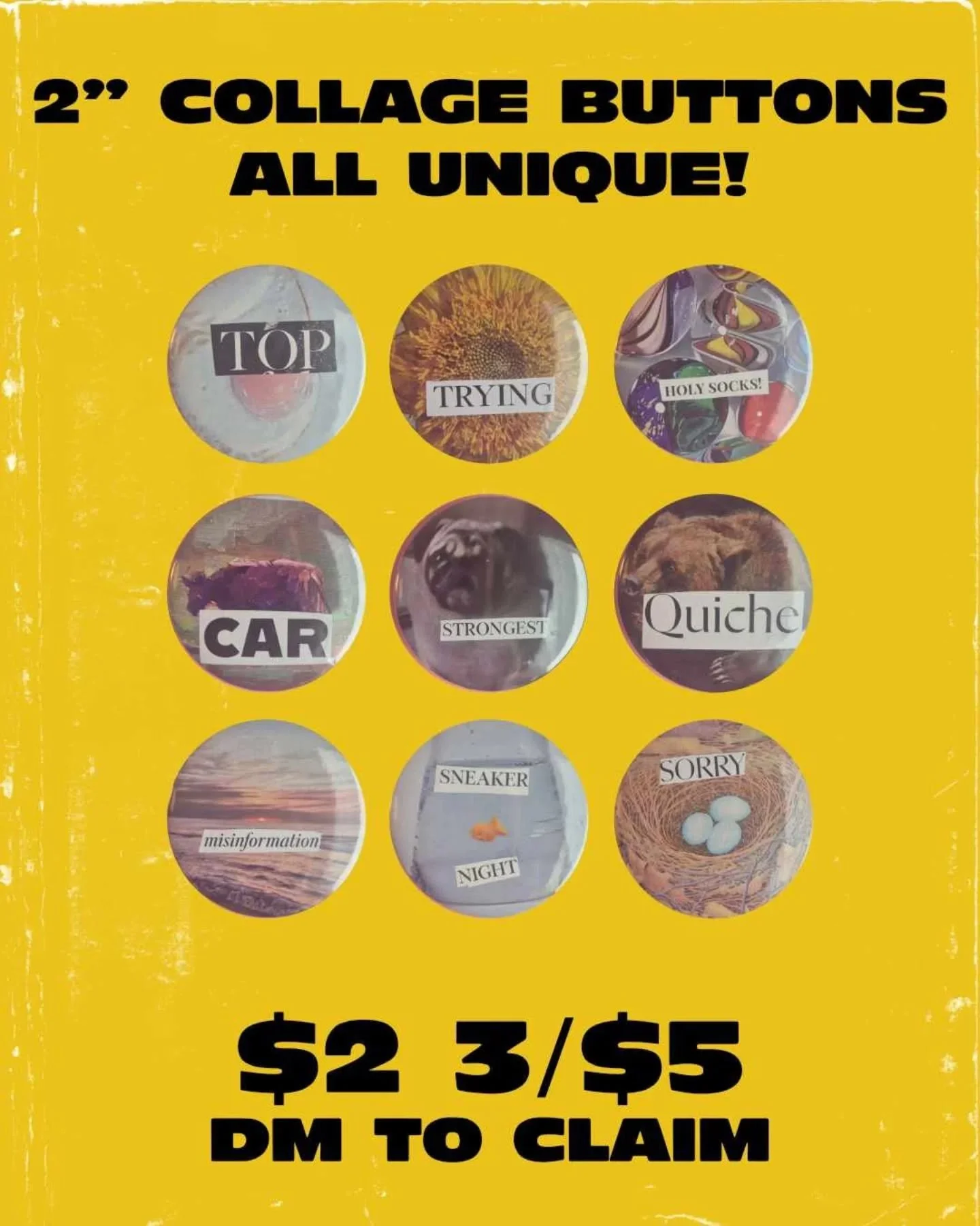 COLLAGE BUTTONS 
Check em out! DM to claim

If youre interested in custom/themed collage buttons let me know!