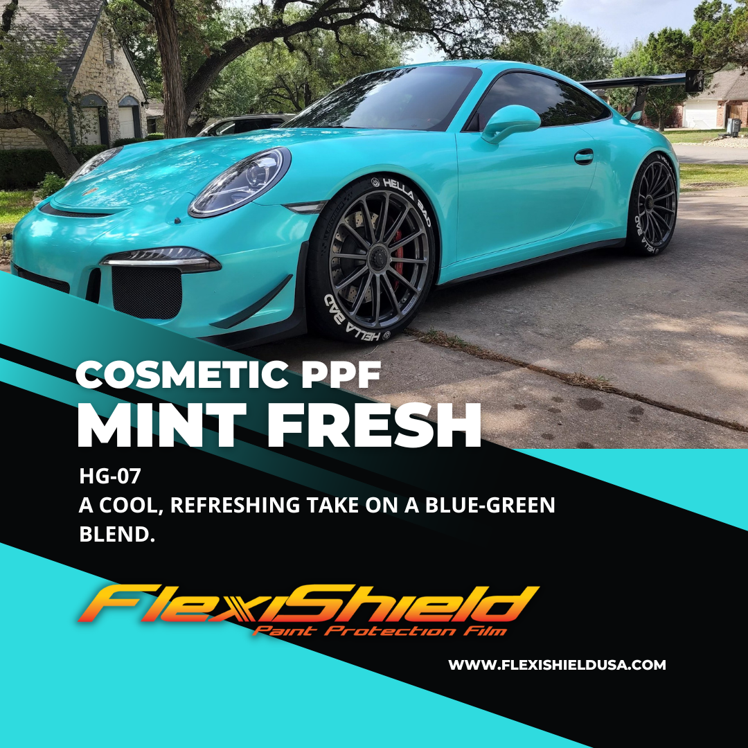 Professional Flexisheild Colored Paint Protection Film/Colored PPF Installation is offered at Sky Auto Studio in Chicago. This color is Mint Fresh, it is a Miami blue, baby blue, and Tiffany Blue.