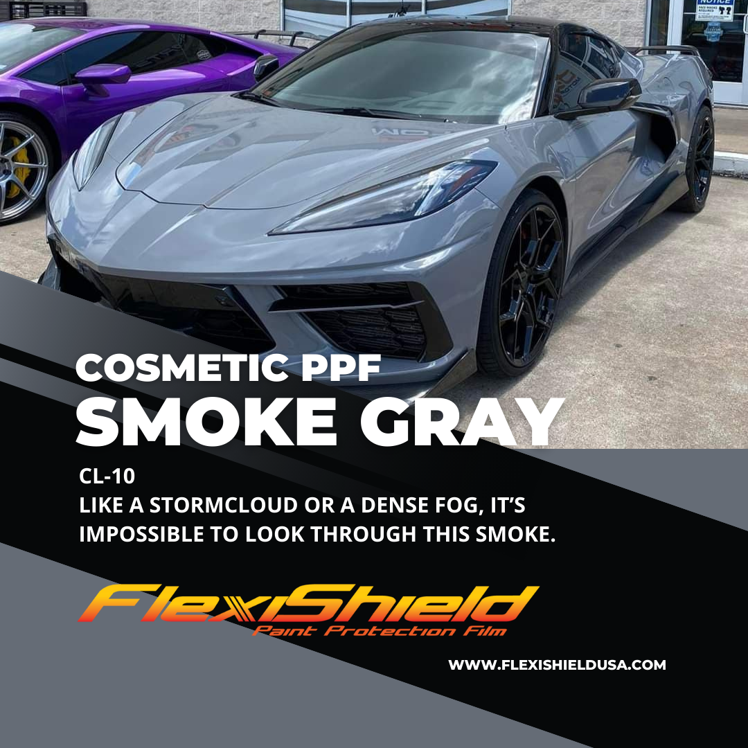 Professional Flexisheild Colored Paint Protection Film/Colored PPF Installation is offered at Sky Auto Studio in Chicago. This color is Smoke Gray.