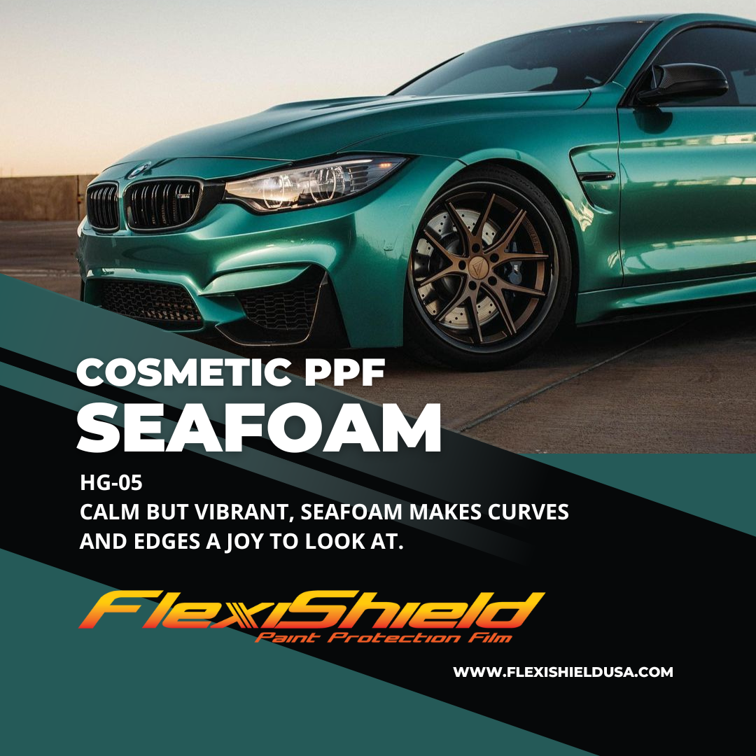 Professional Flexisheild Colored Paint Protection Film/Colored PPF Installation is offered at Sky Auto Studio in Chicago. This color is Seafoam, it is the color like British Racing Green.