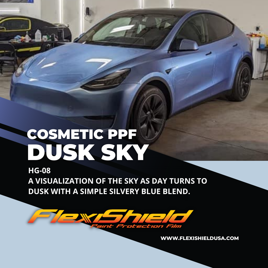 Professional Flexisheild Colored Paint Protection Film/Colored PPF Installation is offered at Sky Auto Studio in Chicago. This color is Dusk Sky, it is Dark blue, just like Blue time sky.