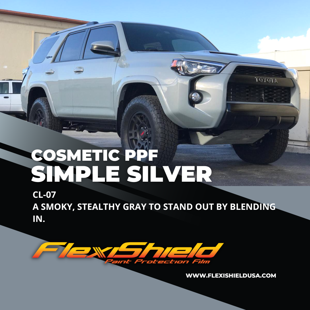 Professional Flexisheild Colored Paint Protection Film/Colored PPF Installation is offered at Sky Auto Studio in Chicago. This color is Simple Silver.