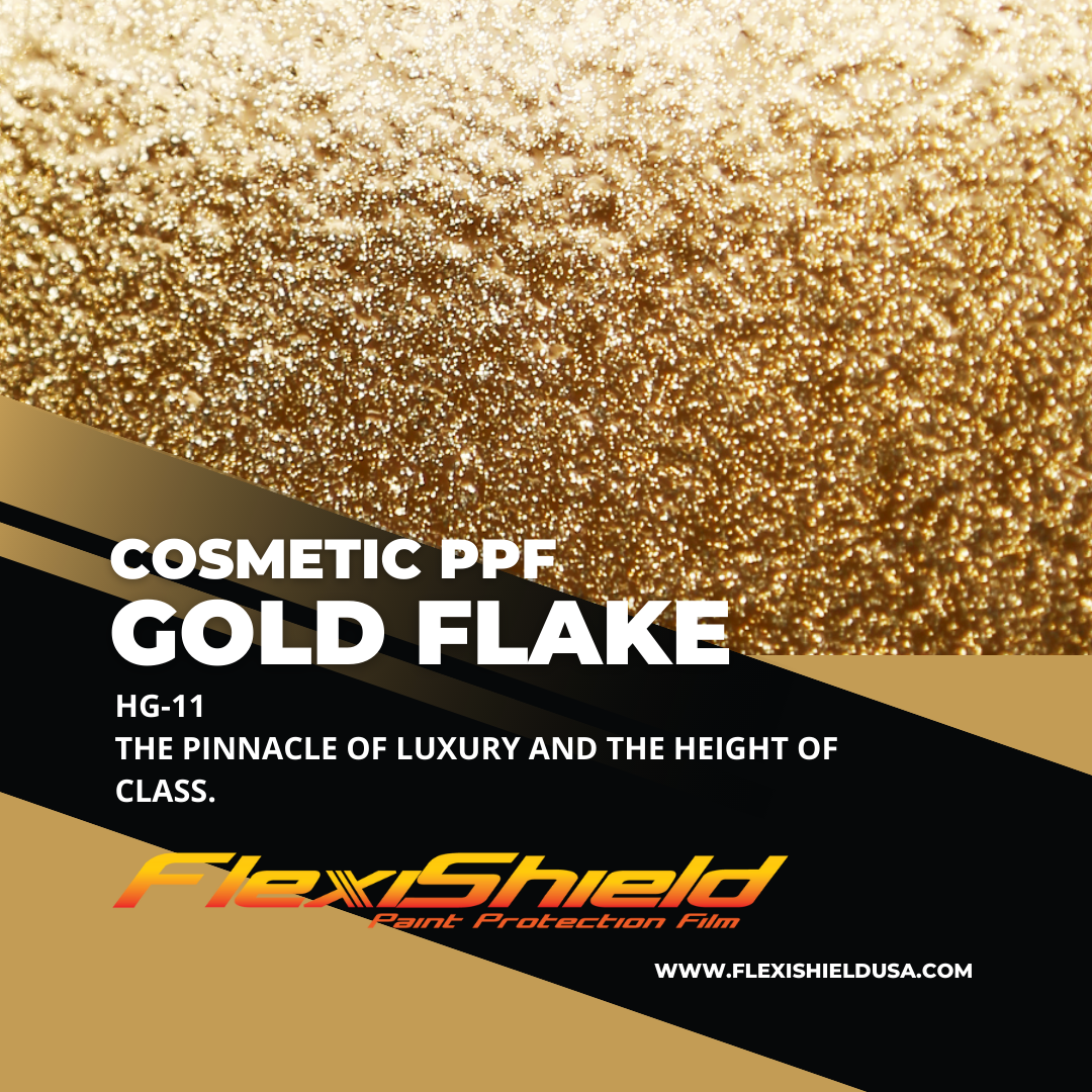 Professional Flexisheild Colored Paint Protection Film/Colored PPF Installation is offered at Sky Auto Studio in Chicago. This color is Gold Flake, it is a metallic gold and has metalic texture.
