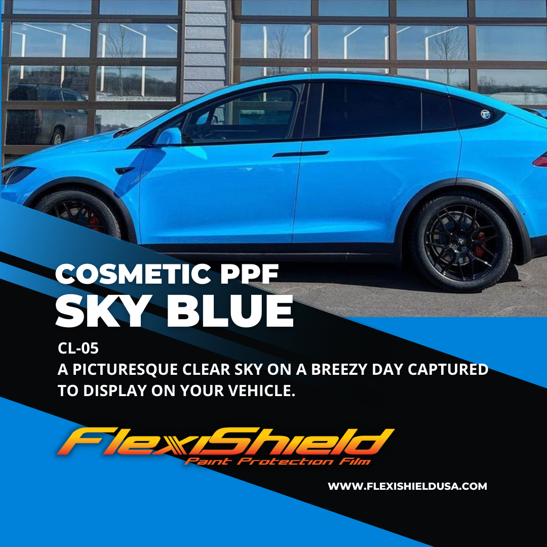 Professional Flexisheild Colored Paint Protection Film/Colored PPF Installation is offered at Sky Auto Studio in Chicago. This color is sky blue.