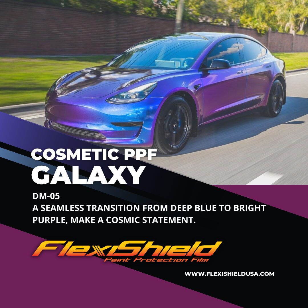 Professional Flexisheild Colored Paint Protection Film/Colored PPF Installation is offered at Sky Auto Studio in Chicago. This color is Galaxy.