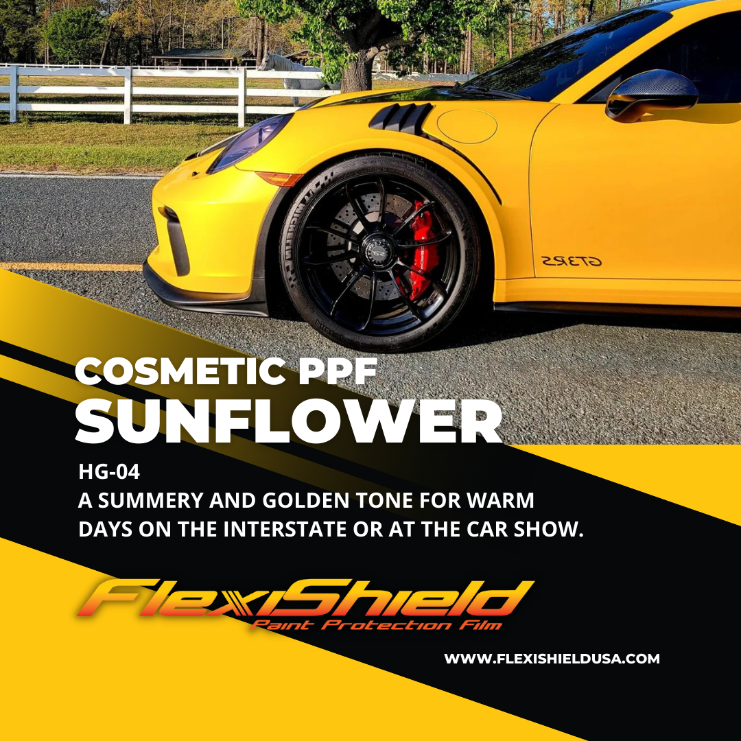 Professional Flexisheild Colored Paint Protection Film/Colored PPF Installation is offered at Sky Auto Studio in Chicago. This color is Sunflower, it is a warm, bright and Porsche factory like yellow.