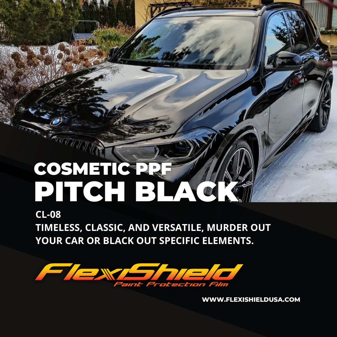 Professional Flexisheild Colored Paint Protection Film/Colored PPF Installation is offered at Sky Auto Studio in Chicago. This color is Pitch Black, it is a gloss black