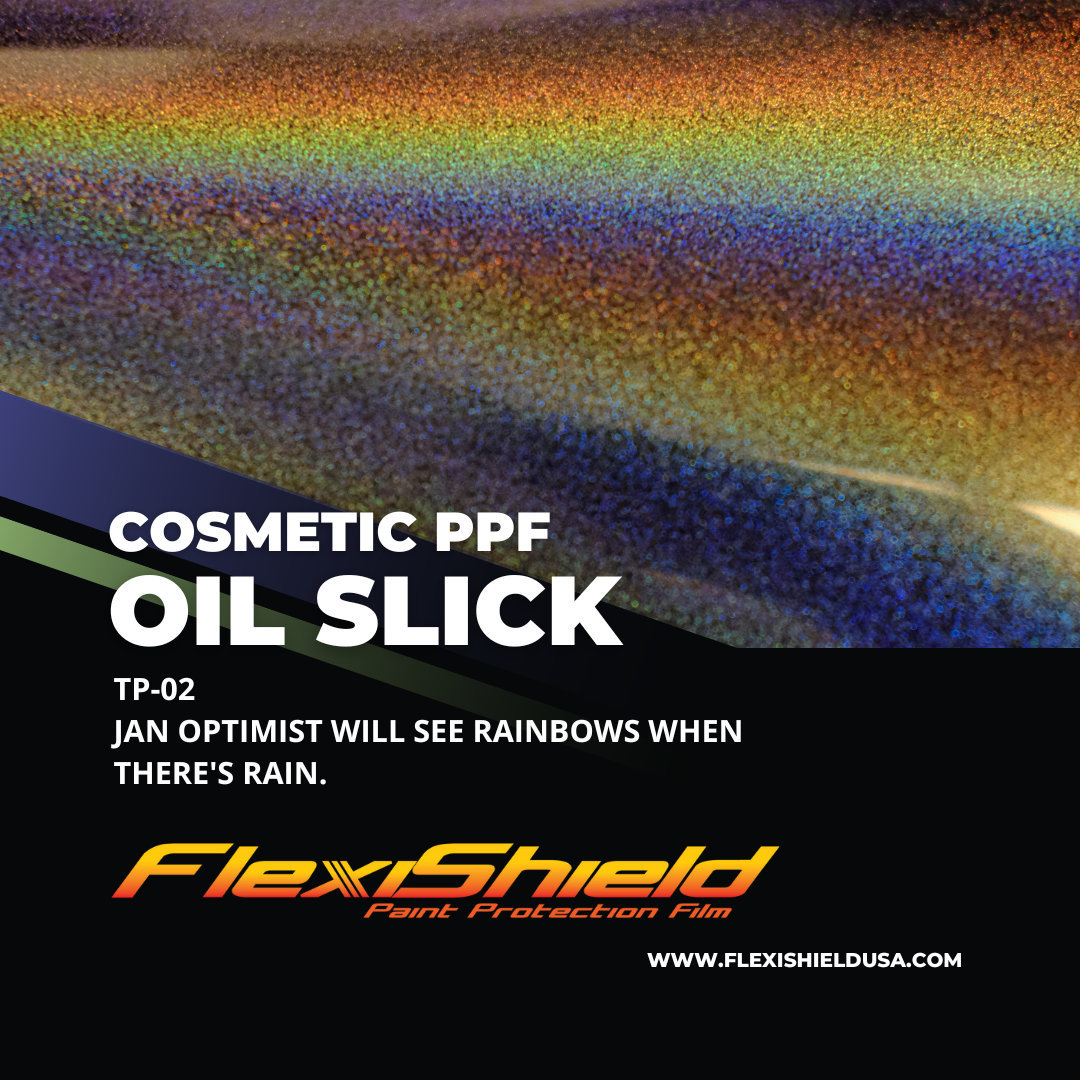 Professional Flexisheild Colored Paint Protection Film/Colored PPF Installation is offered at Sky Auto Studio in Chicago. This color is Oil Slick, it is a metallic black and has a rainbow look.