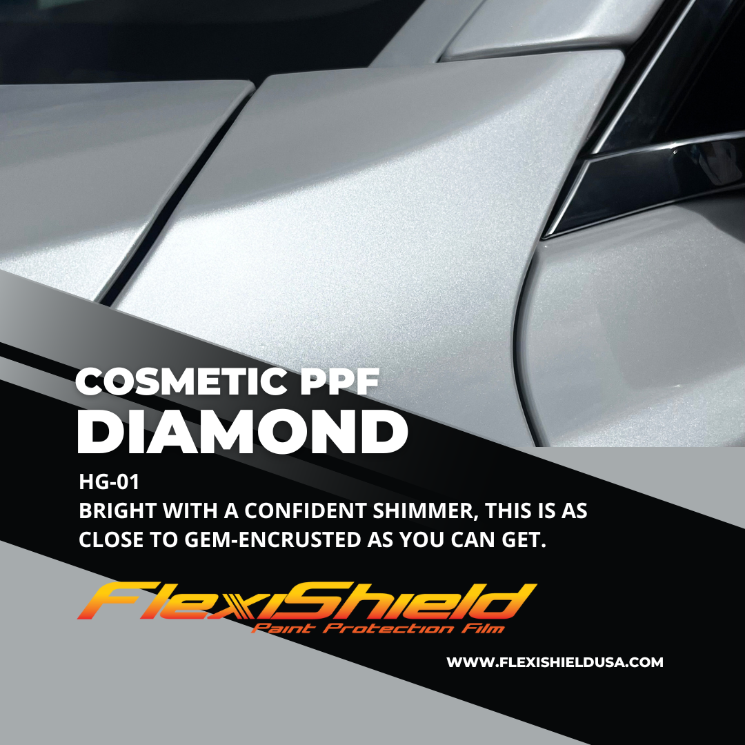 Professional Flexisheild Colored Paint Protection Film/Colored PPF Installation is offered at Sky Auto Studio in Chicago. This color is Diamond, it is a metallic white and has its glossy, shimmering finish.