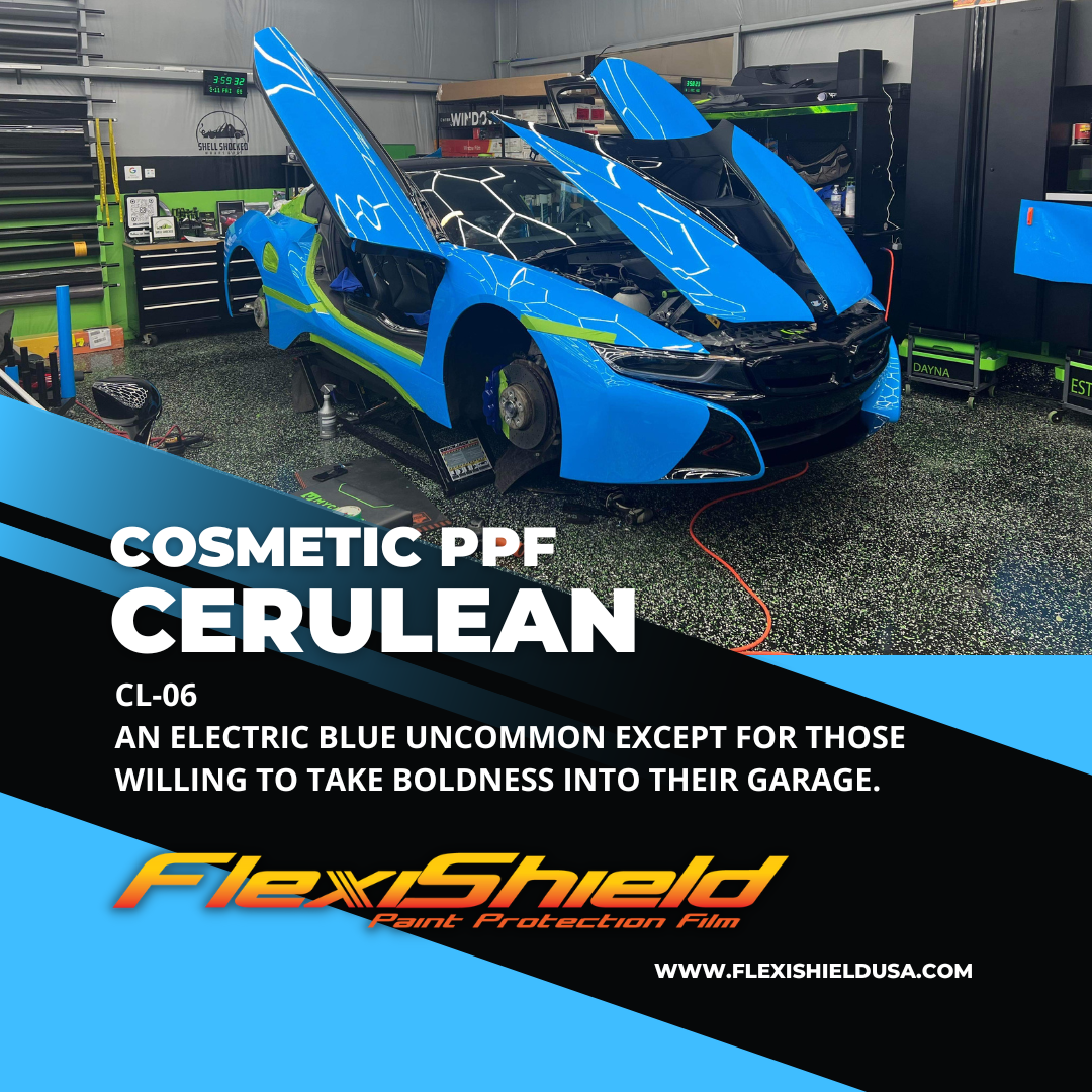 Professional Flexisheild Colored Paint Protection Film/Colored PPF Installation is offered at Sky Auto Studio in Chicago. This color is Cerulean, it is a bright, gloss blue.