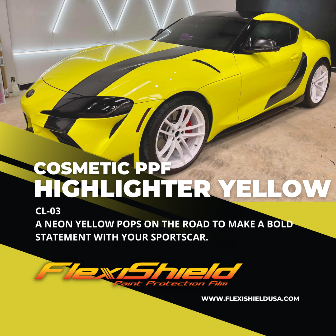 Professional Flexisheild Colored Paint Protection Film/Colored PPF Installation is offered at Sky Auto Studio in Chicago. This color is Highlither yellow, it is a gloss yellow