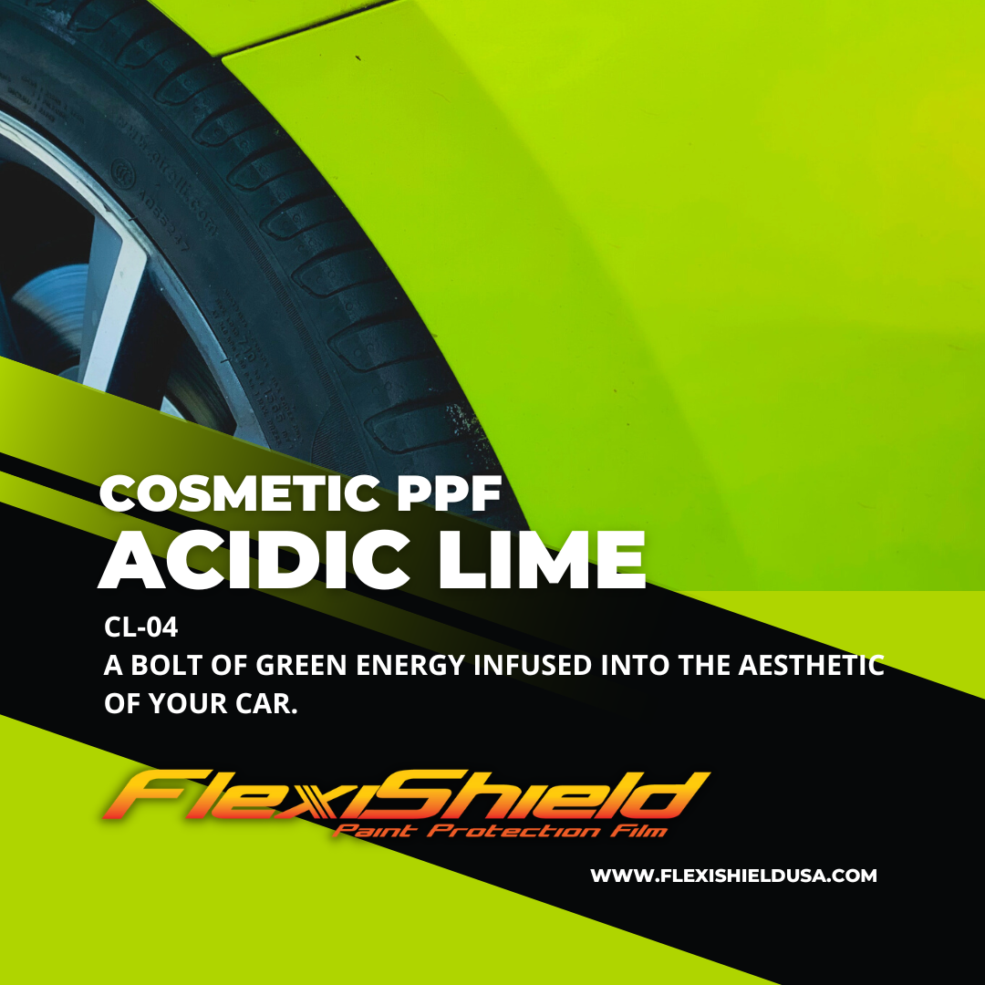 Professional Flexisheild Colored Paint Protection Film/Colored PPF Installation is offered at Sky Auto Studio in Chicago. This color is Acidic Lime, it is a Gloss Green just like Lime