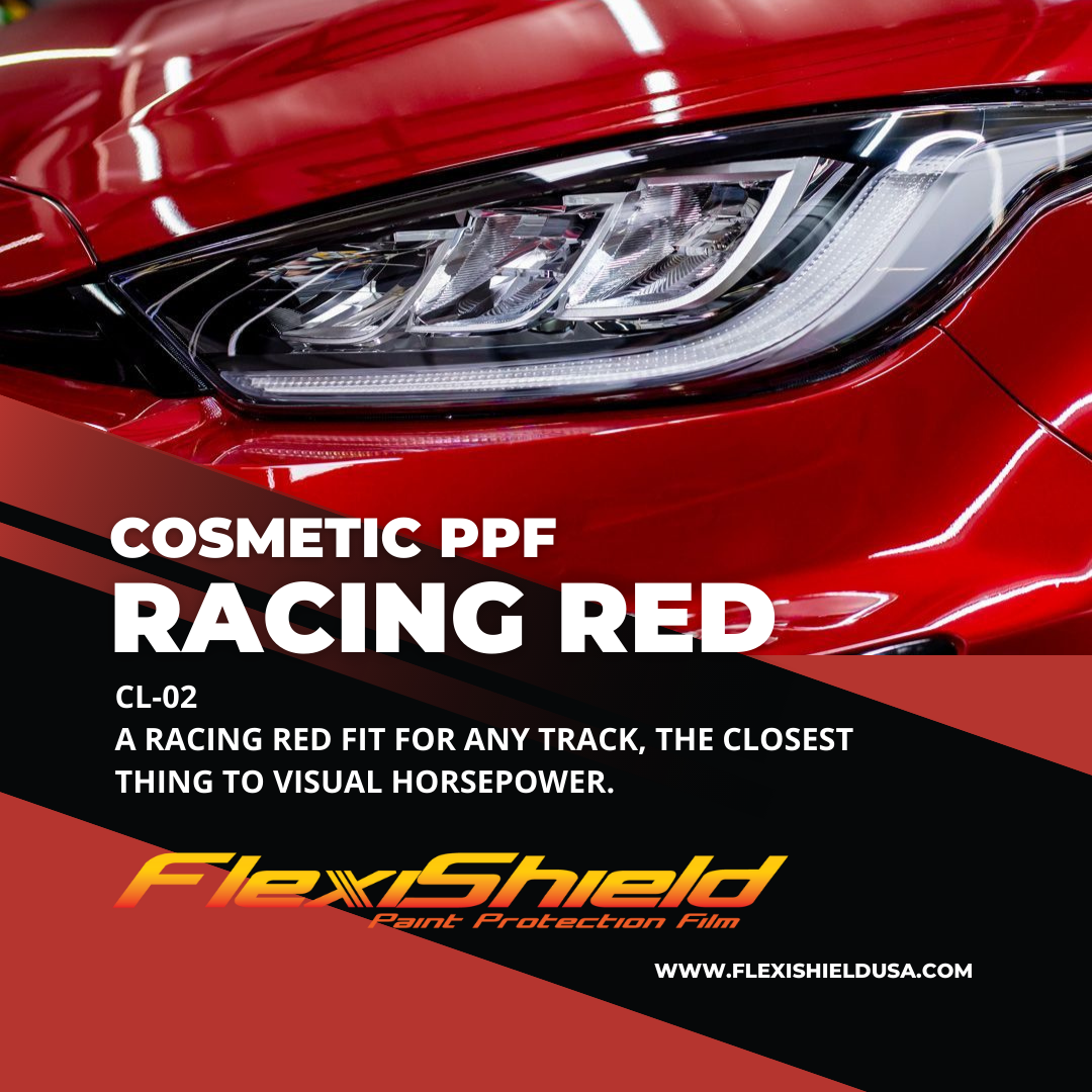 Professional Flexisheild Colored Paint Protection Film/Colored PPF Installation is offered at Sky Auto Studio in Chicago. This color is racing red, it is a bright and glossy red.