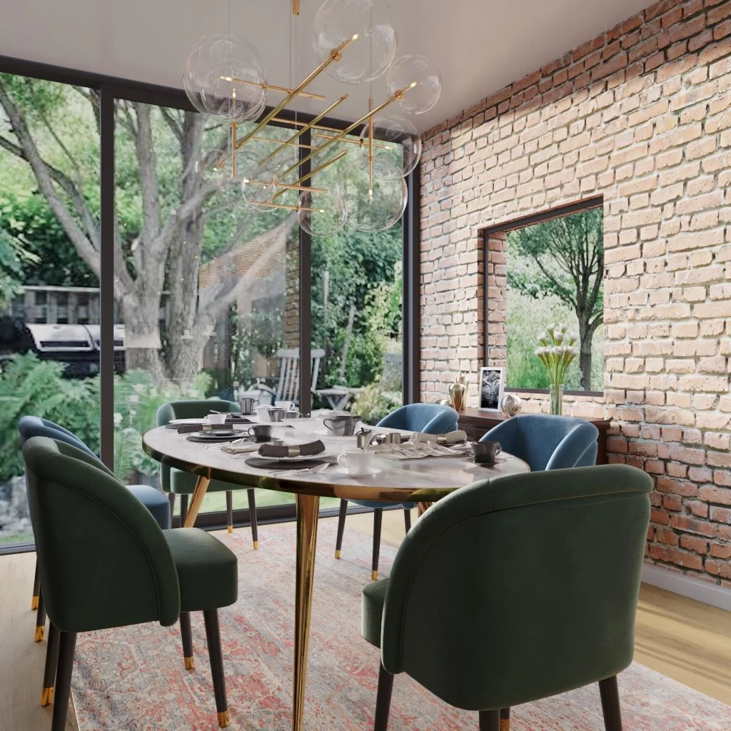 Family Dining space blending the elements of refined Italian style and period house bringing outside garden indoors