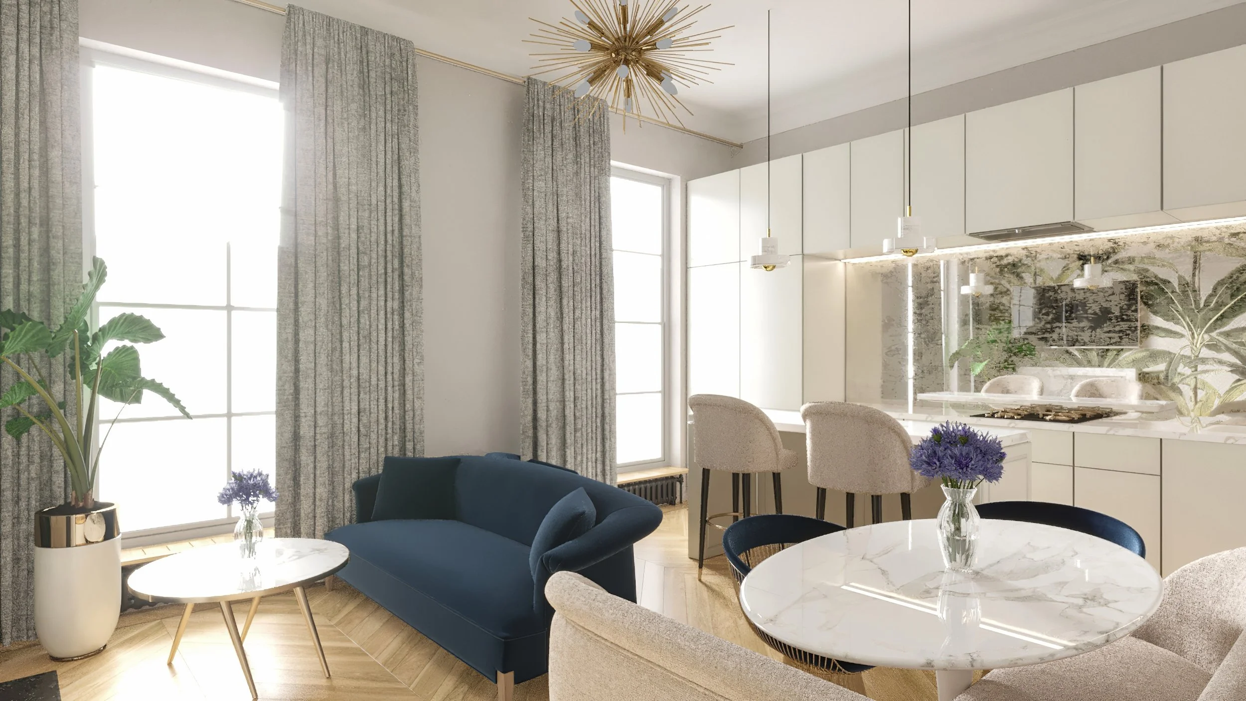 Mid-Century style open space living room in a Victorian house