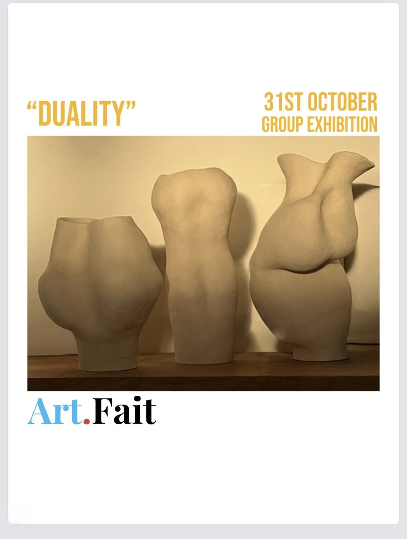 Three abstract sculptures resembling human torsos displayed for a poster of art exhibition titled "Duality" on October 31st.
