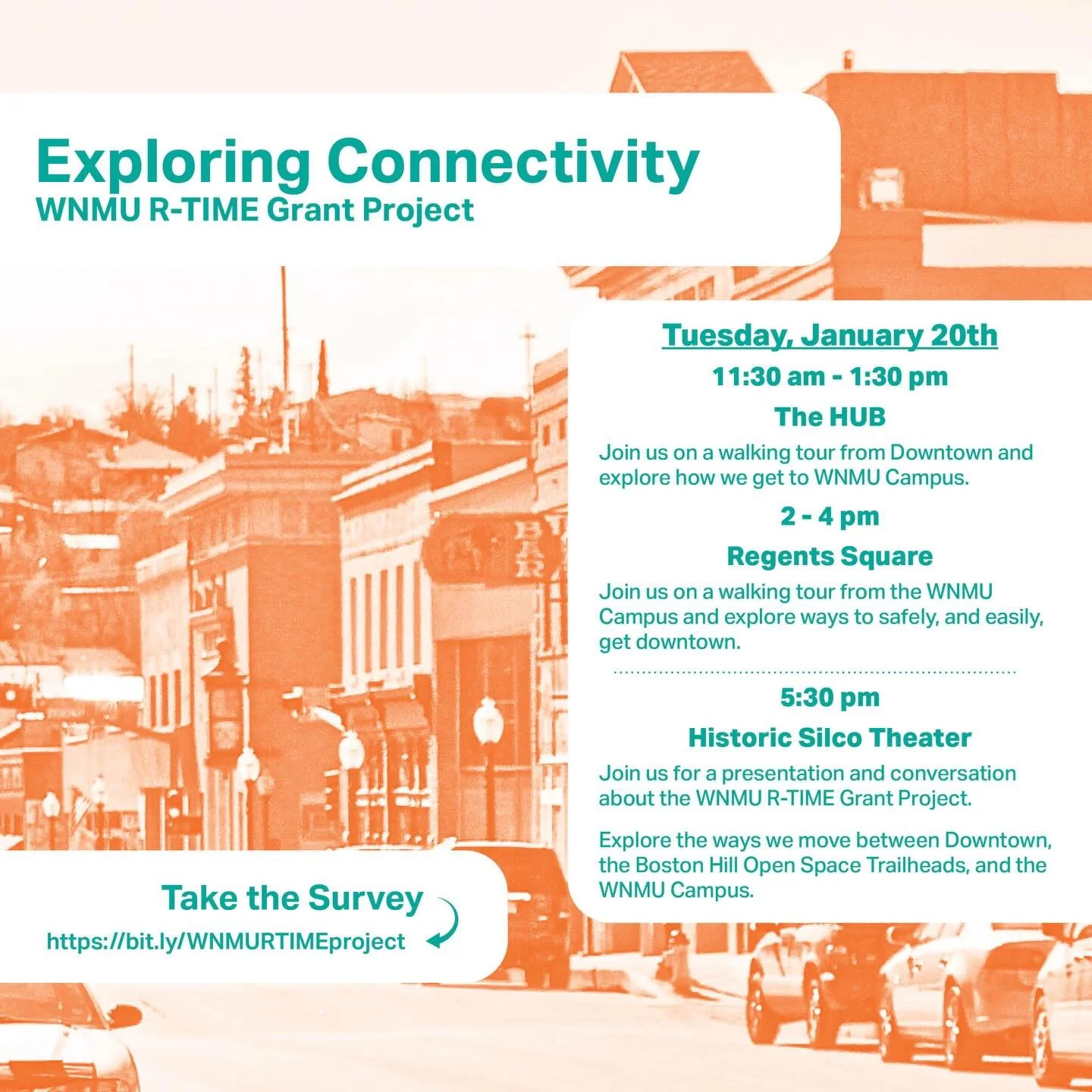 ‼️ Silver City and WNMU&nbsp;‼️
You&rsquo;re invited to join our Anthropop team on a walking tour to explore ways that folks can move from Downtown to the WNMU Campus. The tour starts at 11:30am on January 20th at the HUB.

Your participation and fee