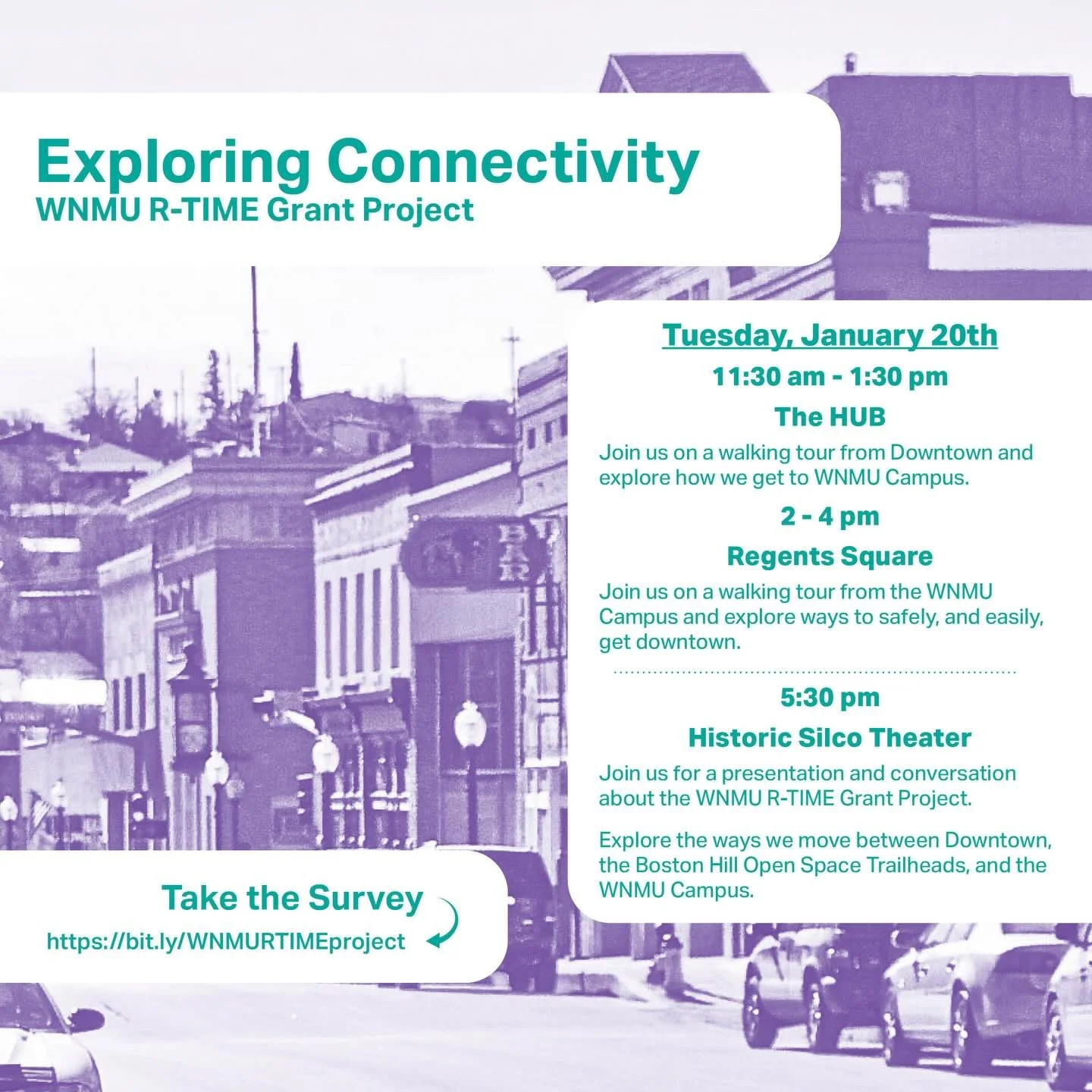 ‼️ Silver City and WNMU&nbsp;‼️
You&rsquo;re invited to join our Anthropop team on a walking tour to explore ways that folks can move from the WNMU Campus to Downtown. This part of the tour starts at 2pm on January 20th at Regent&rsquo;s Square.

You