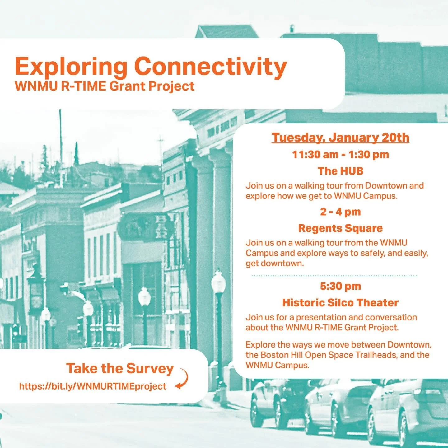 ‼️ Silver City and WNMU&nbsp;‼️
You&rsquo;re invited to join us for a presentation on the WNMU R-TIME Grant Project on Tuesday, January 20th at 5:30pm at the Historic Silco Theater.

Together, we will explore the ways that that folks can move between