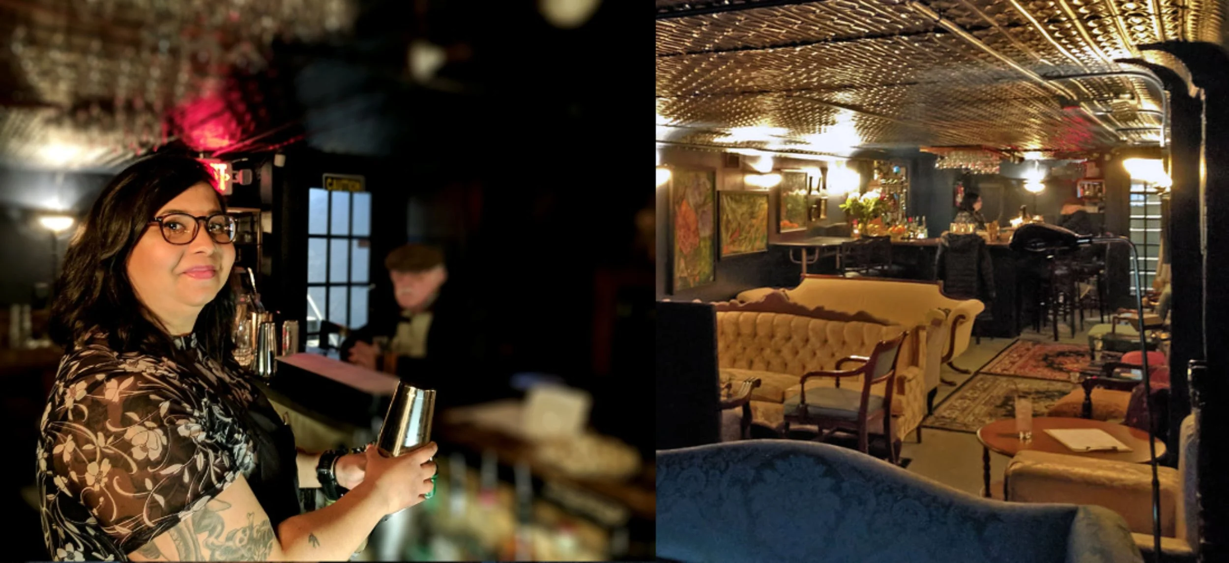 A woman with glasses holding a cocktail in a dimly lit bar, with a bartender in the background, and a cozy, vintage-style lounge area with sofas, chairs, and a bar in an elegant setting.
