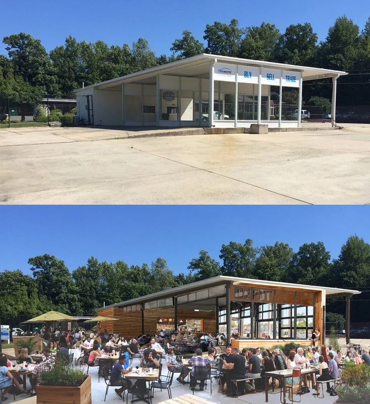 Comparison of two buildings: the top shows a small, empty, modern drive-thru with a white roof and glass front, the bottom displays a lively outdoor dining area with many people and a wooden structure, all under a clear blue sky.
