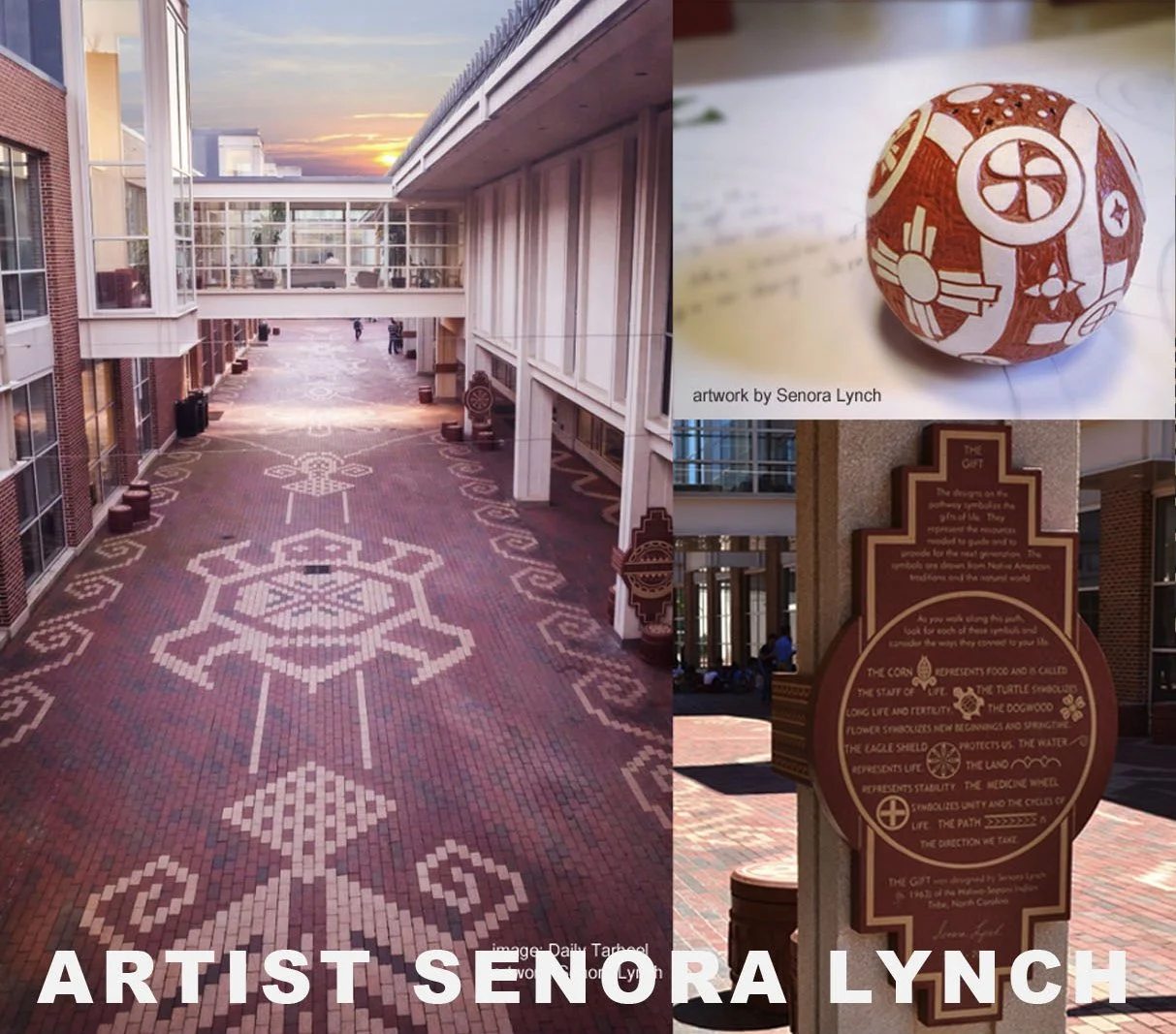 A courtyard with a brick pavement featuring intricate white mosaic designs, surrounded by modern buildings with large glass windows, during sunset. Inset images include a decorated red and white painted gourd art piece, an informational plaque about 