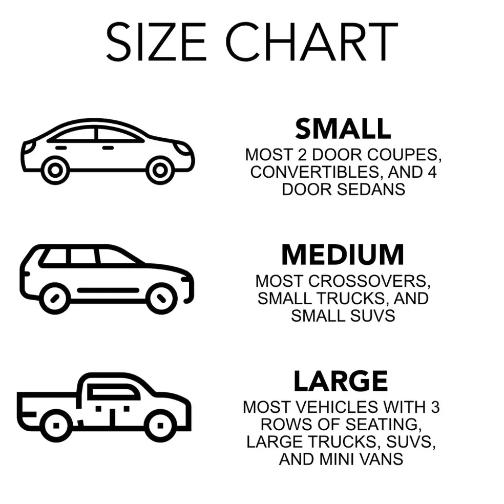 Size chart for vehicles: Small category with an icon of a compact car, suitable for most 2-door coupes, convertibles, and 4-door sedans; Medium category with an icon of a station wagon, suitable for most crossovers, small trucks, and small SUVs; Larg