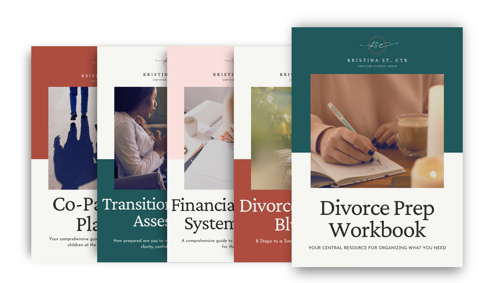 Divorce Resource Pack includes Co-Parenting Planner, Transition Assessment, Financial Discovery System, and Divorce Prep Workbook mockups