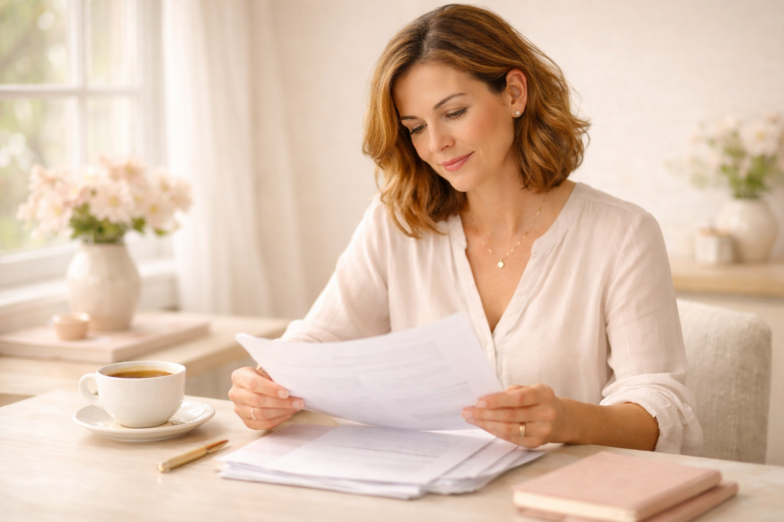 Woman organizing divorce documents and creating an action plan during a focused planning session