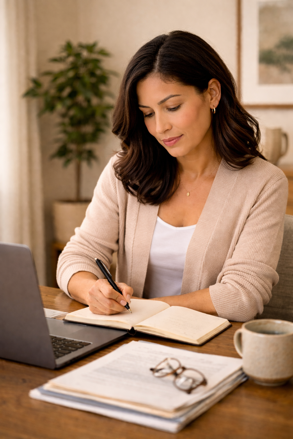 A woman prepares for her divorce by organizing documents and creating an action plan during a focused Divorce Prep Accelerator Day session.