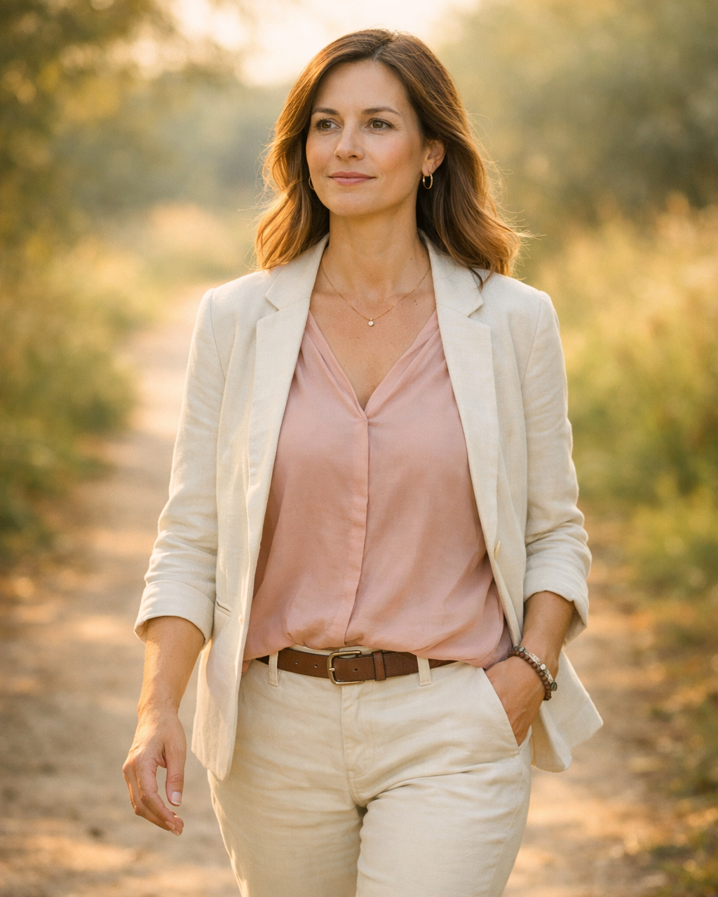 Confident woman walking forward on a sunlit path, representing the clarity and support of personalized divorce coaching