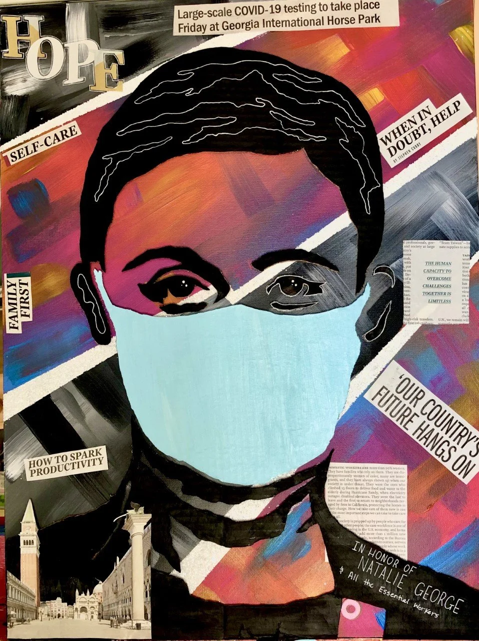 Essential Worker, Cardboard, acrylic, newspaper cutouts, and a donut sticker on canvas, 18 x 24 in, 2020