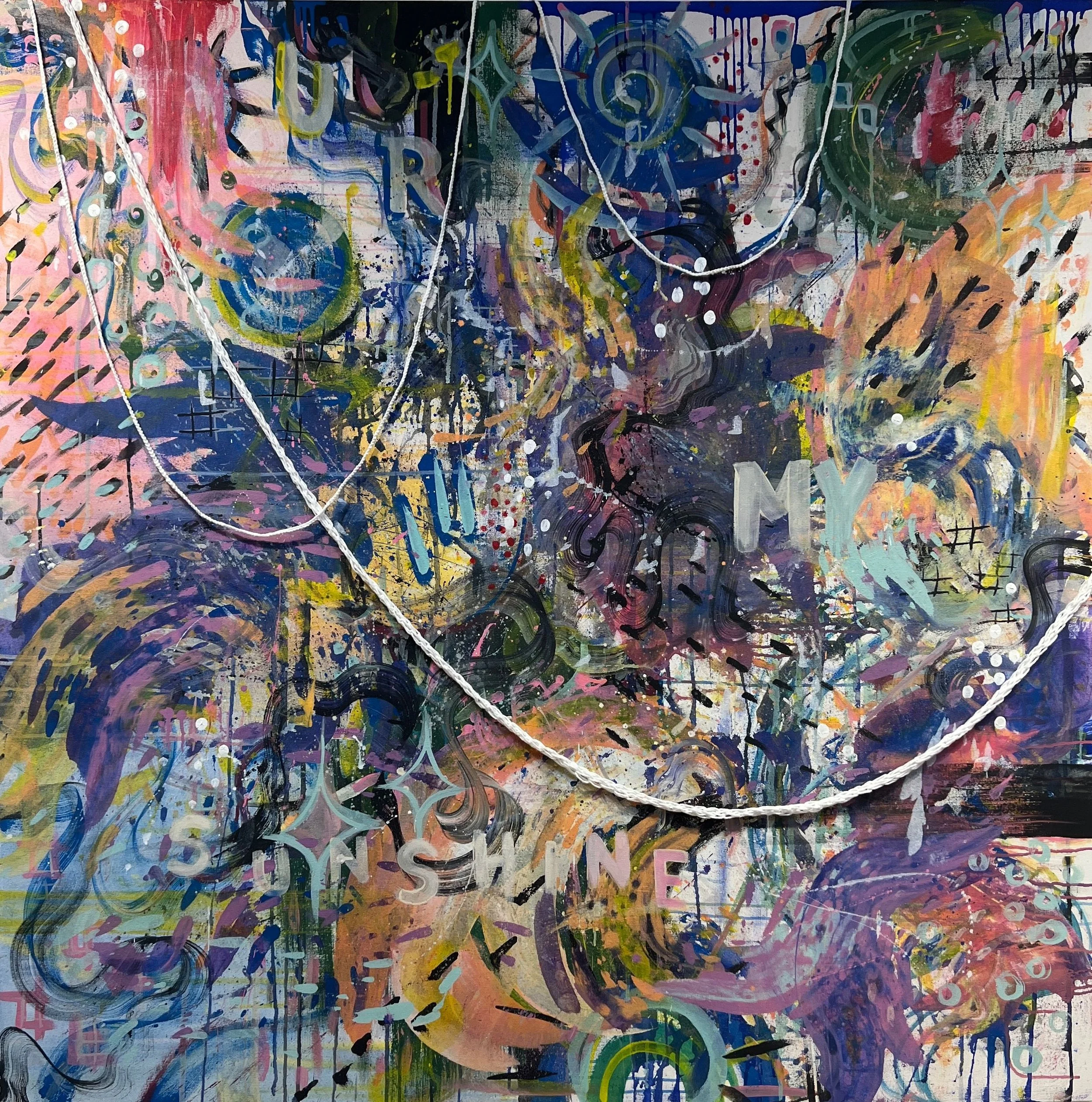 You Are My Sunshine, acrylic, flash paint, and white yarn on canvas, 60 x 60 in, 2024, $500