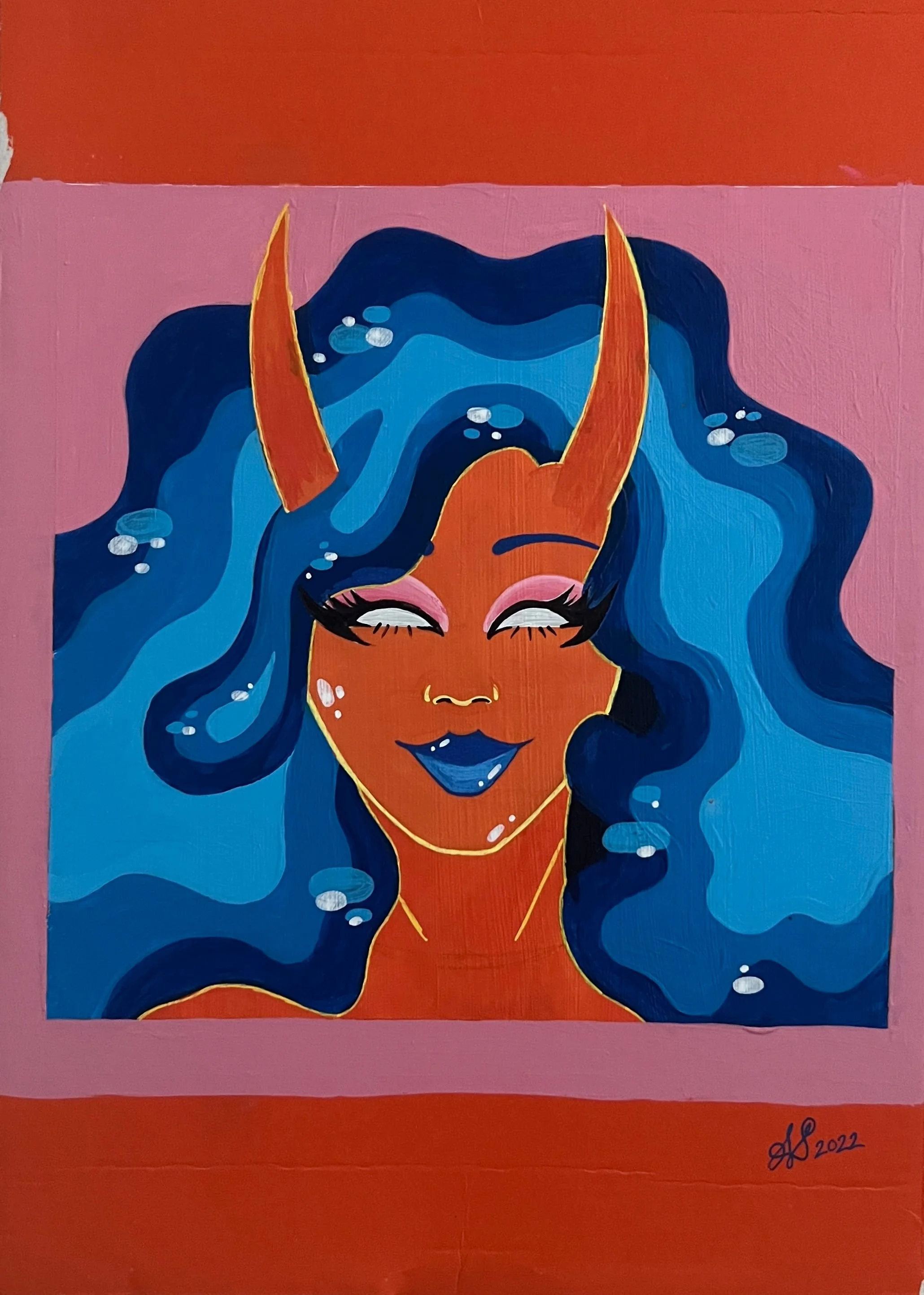 Water Demoness, Acrylic and POSCA pens on a shoe box, 2023, $30